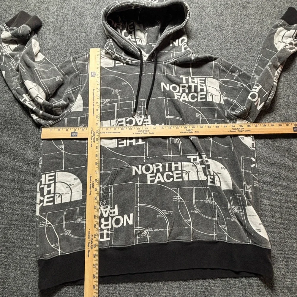 The North Face Mens XXL Blueprint Logo All Over Print Hoodie Grey White Fleece